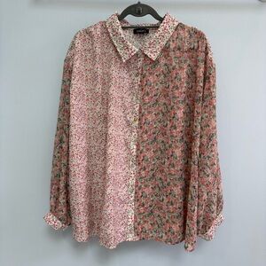 GioGio USA Women’s Blouse Size Large Pink Green Floral Mix Media Boho Country